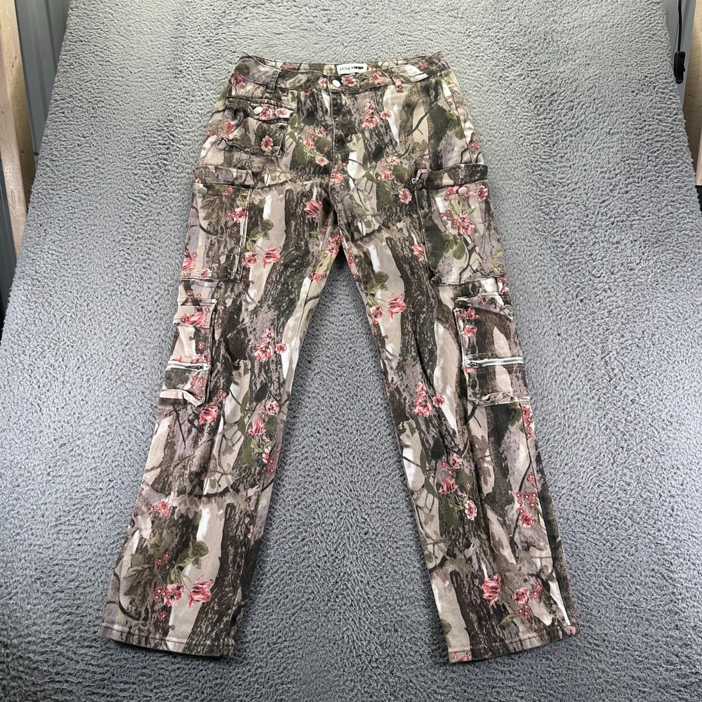Fashion Nova Jeans Women's 14 Brown Cotton Denim Straight Cargo Floral Stretch